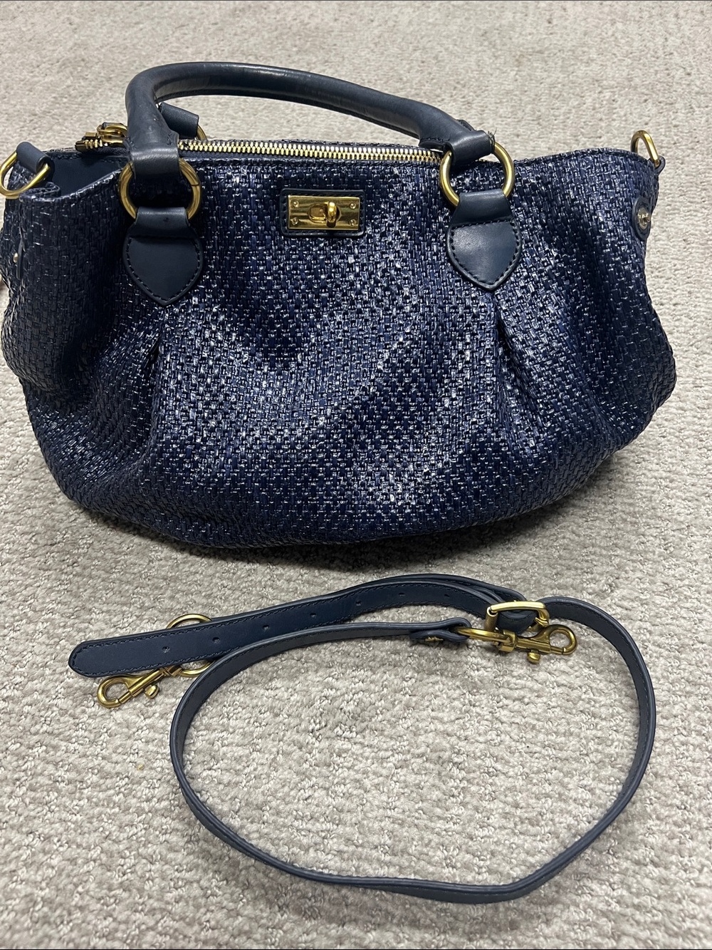 J. Crew Navy Woven Satchel with Gold Hardware and Detachable Strap
